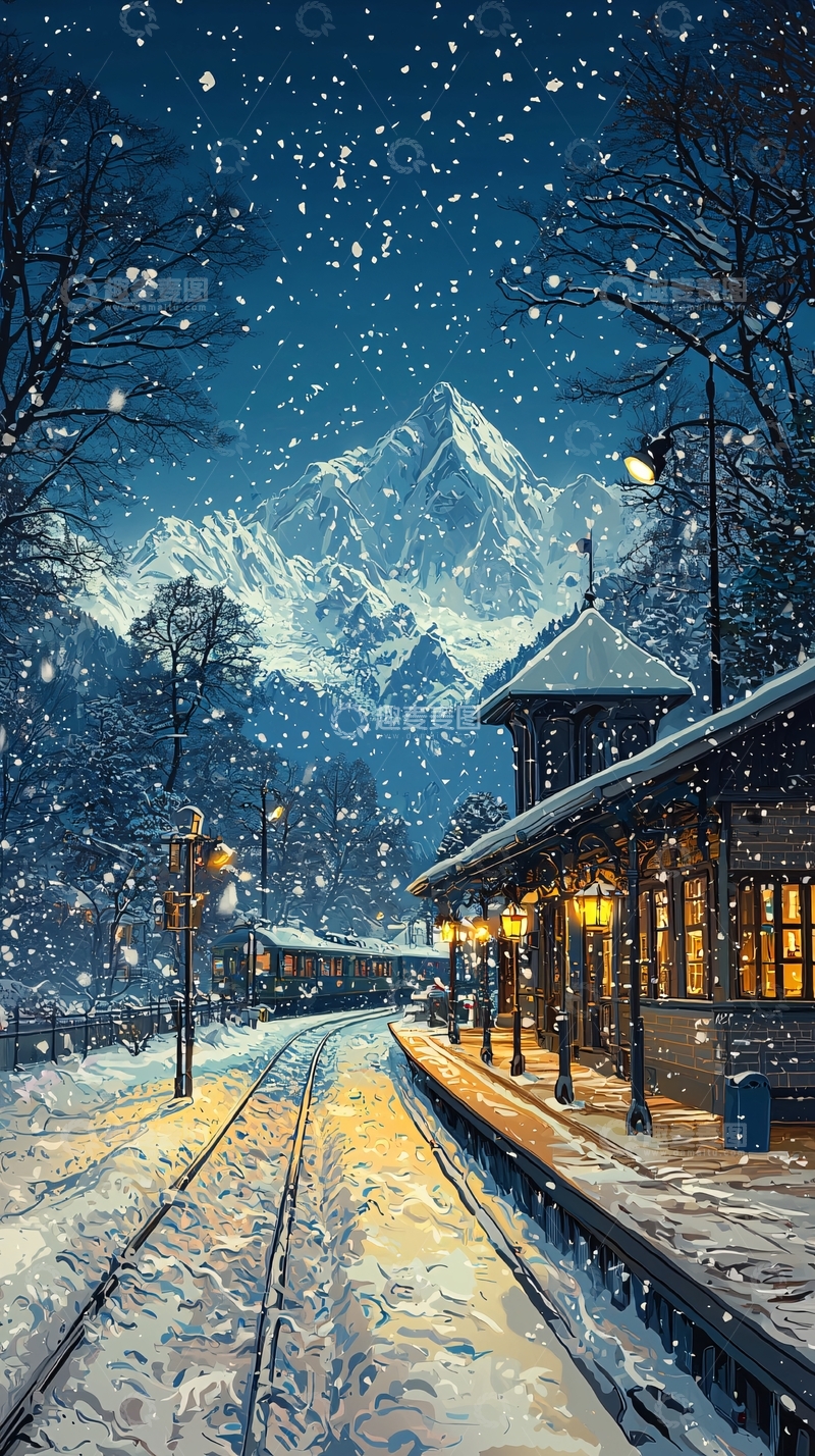 高清大图下载【趣麦麦图】雪夜火车站