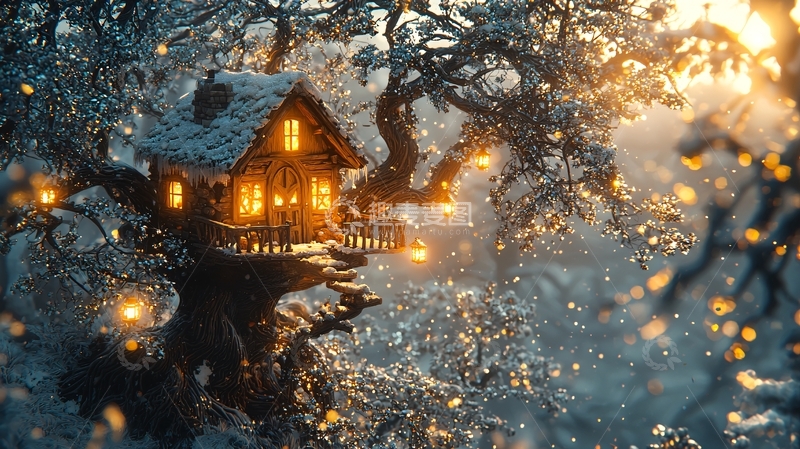 高清大图下载【趣麦麦图】雪中树屋