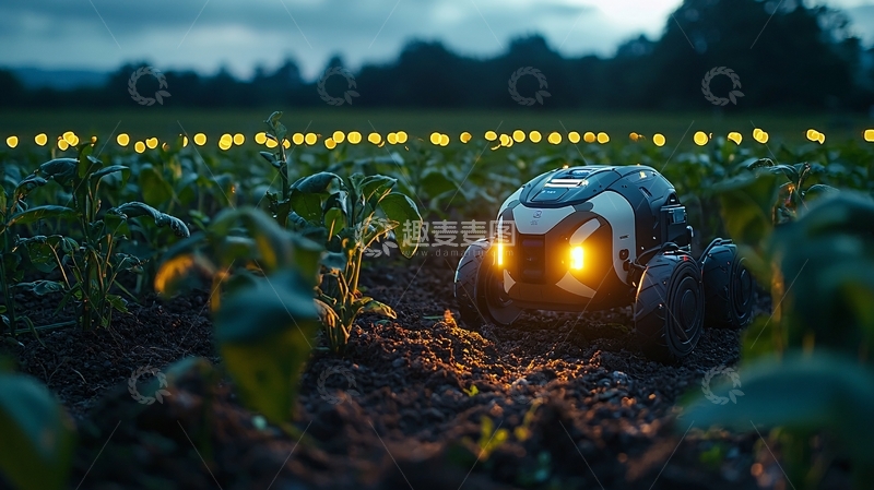 高清大图下载【趣麦麦图】夜间田间自动驾驶农业机器人