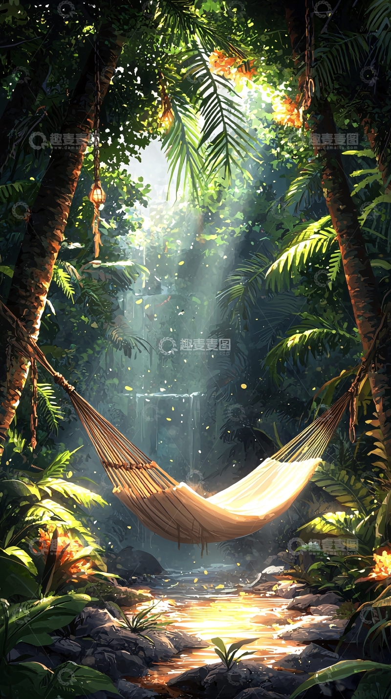 高清大图下载【趣麦麦图】热带雨林中的吊床