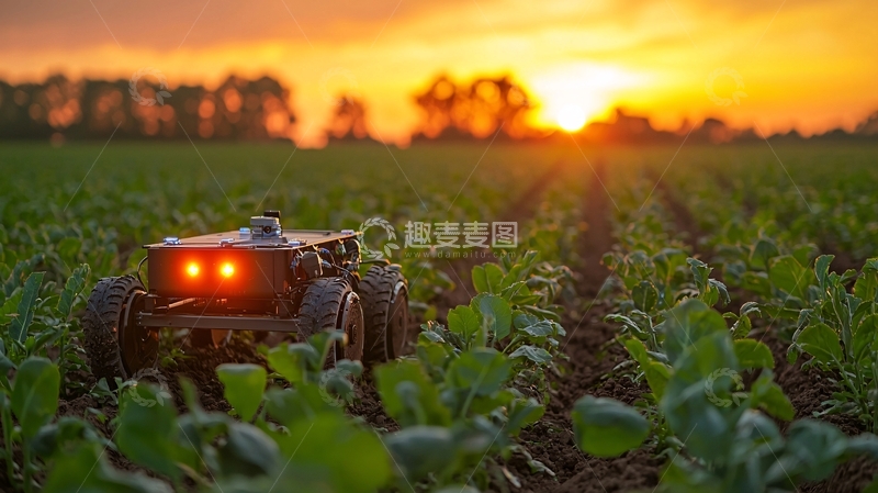 高清大图下载【趣麦麦图】田园日落下的自动驾驶拖拉机