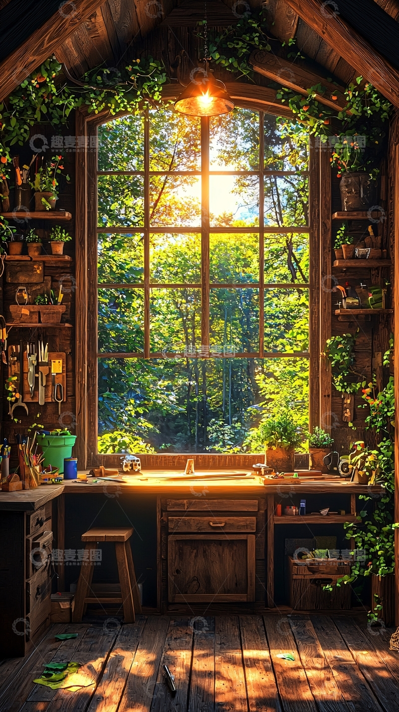 高清大图下载【趣麦麦图】阳光透过窗棂洒进木屋