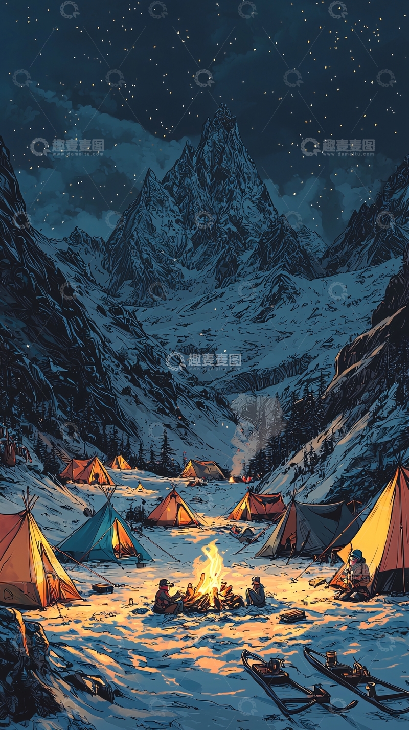 高清大图下载【趣麦麦图】雪山夜营