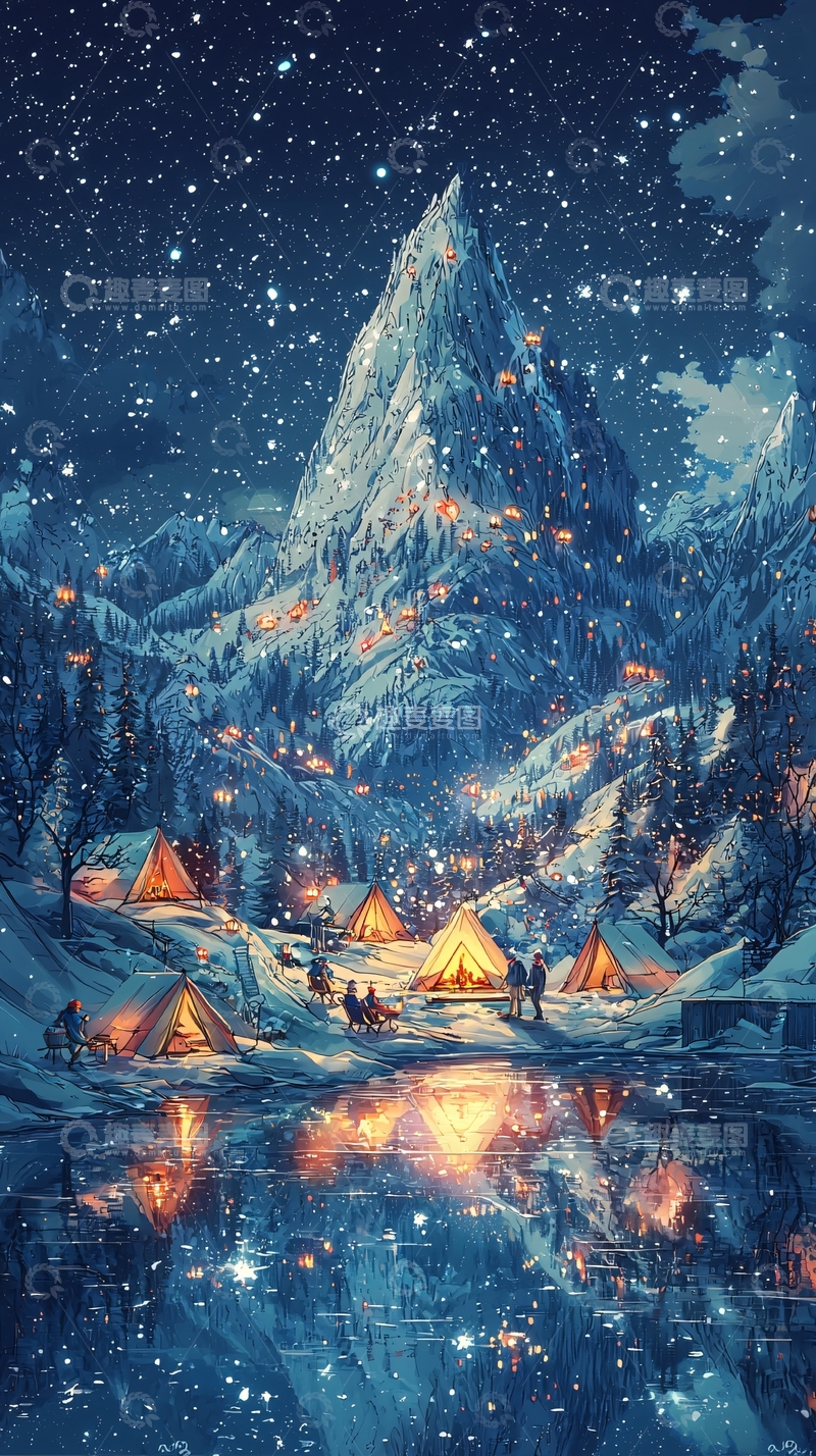 高清大图下载【趣麦麦图】雪山营地夜景