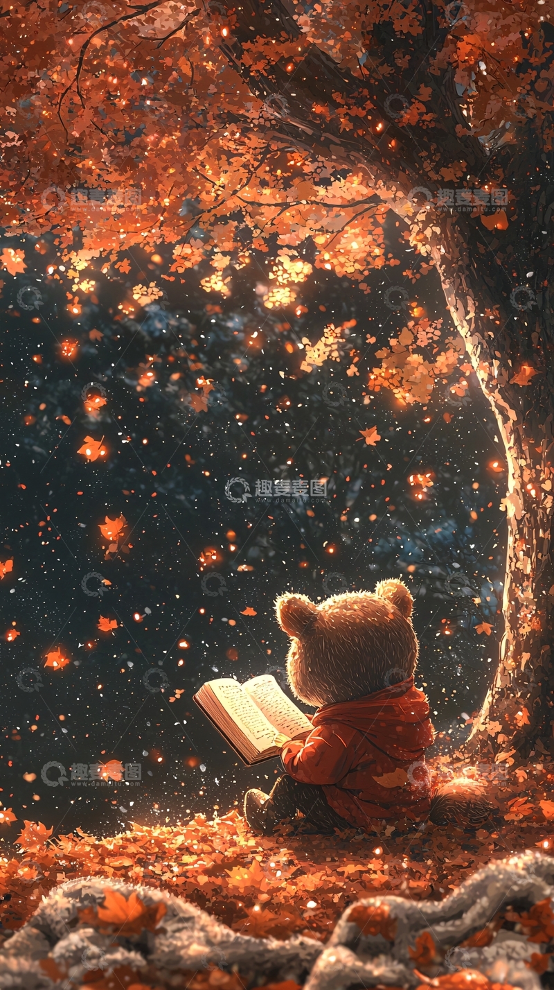 高清大图下载【趣麦麦图】秋日树下读书的小熊
