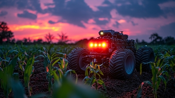 夕阳下田地里的农业机器人