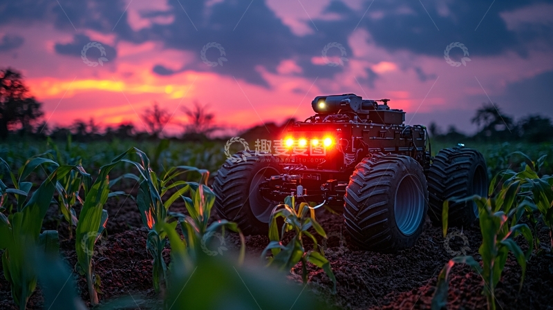 高清大图下载【趣麦麦图】夕阳下田地里的农业机器人