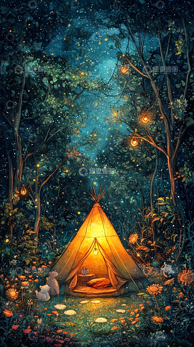 高清大图下载【趣麦麦图】夜晚森林帐篷