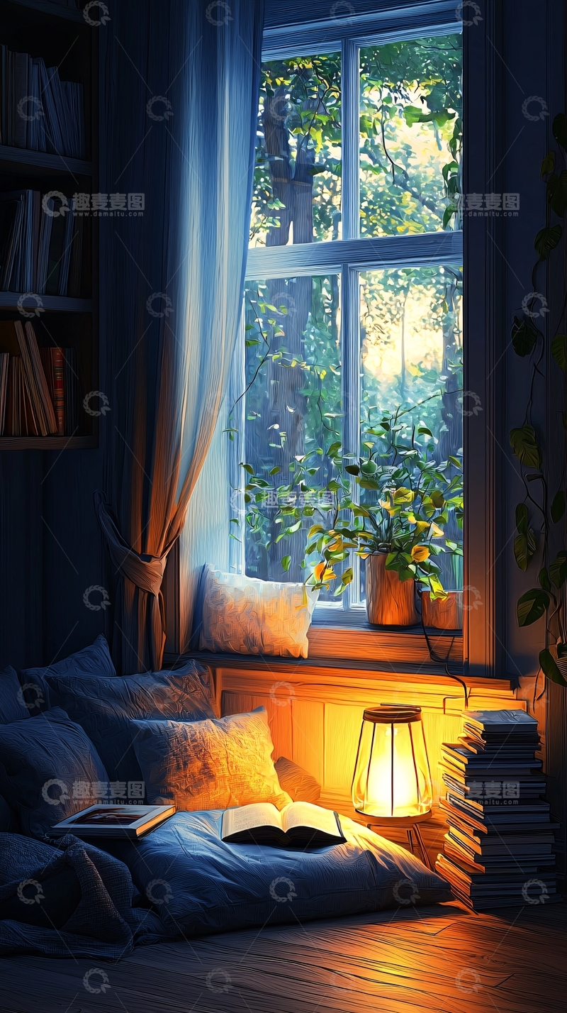 高清大图下载【趣麦麦图】窗边读书的温馨角落