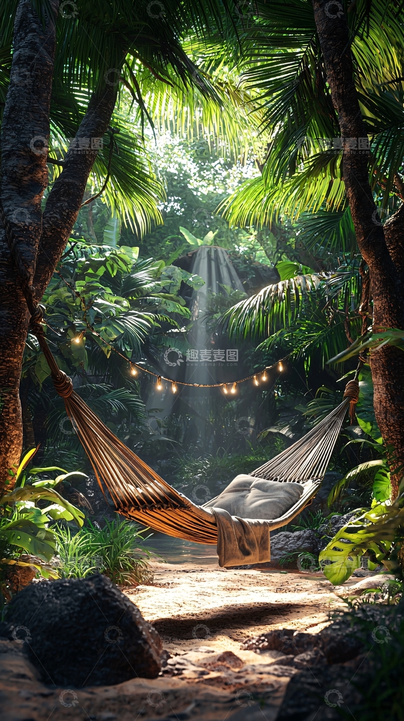 高清大图下载【趣麦麦图】热带丛林中的吊床