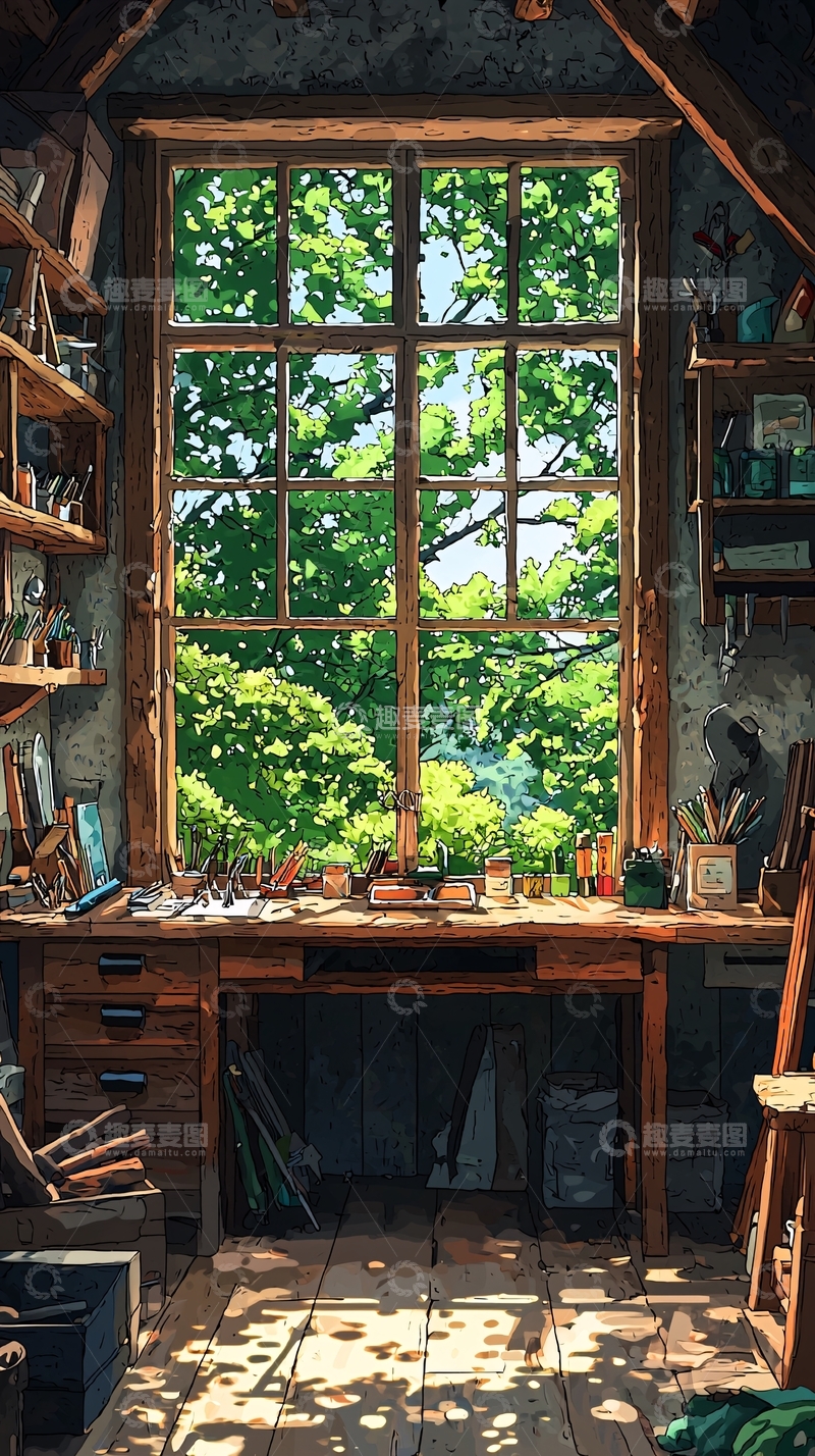 高清大图下载【趣麦麦图】-阁楼工作室的窗边工作台