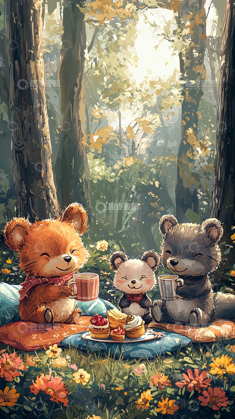 高清大图下载【趣麦麦图】卡通熊在森林里野餐