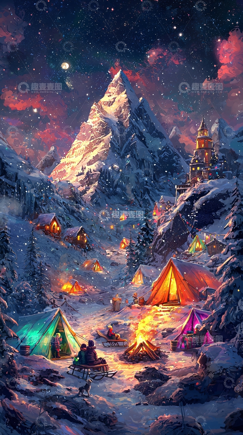 高清大图下载【趣麦麦图】雪山夜景营地