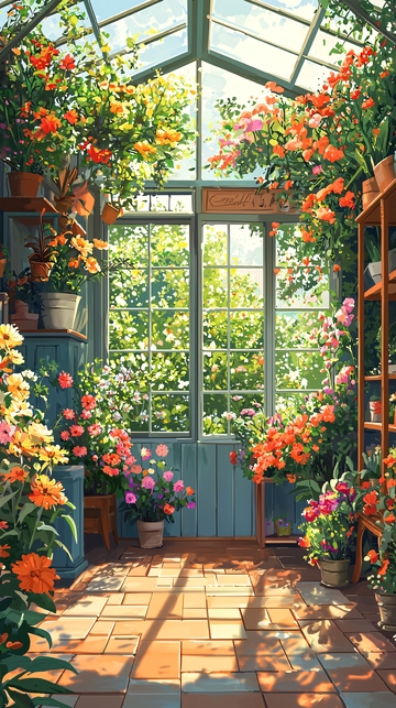 鲜花环绕的玻璃温室