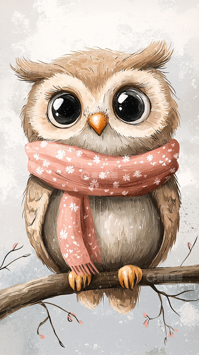 高清大图下载【趣麦麦图】戴围巾的可爱猫头鹰