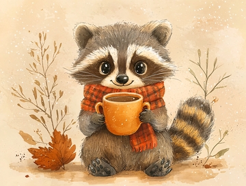 可爱浣熊喝咖啡