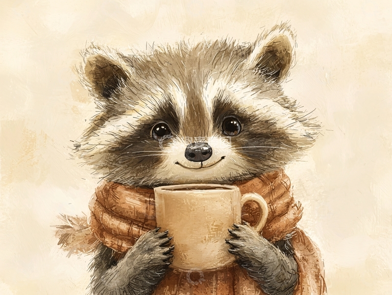 高清大图下载【趣麦麦图】可爱浣熊抱着咖啡
