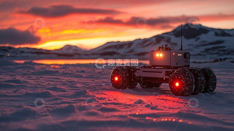 高清大图下载【趣麦麦图】极地日落下的探测机器人