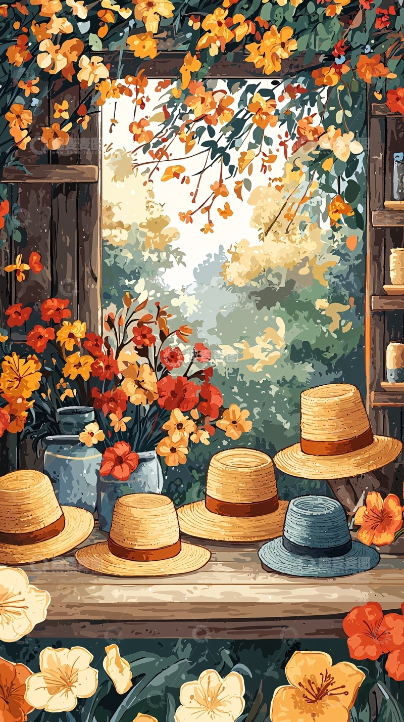 高清大图下载【趣麦麦图】花窗边的草帽静物