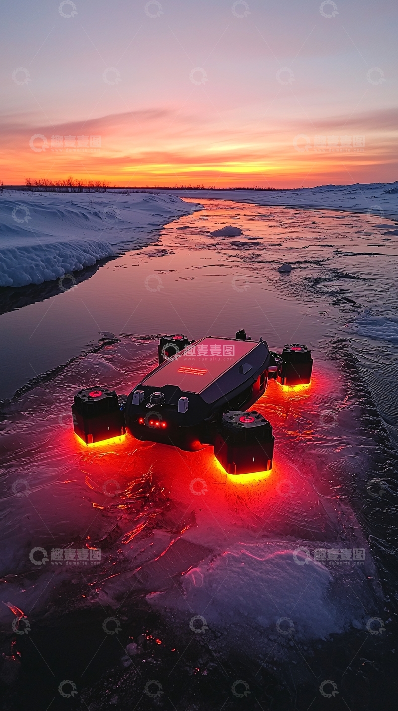 高清大图下载【趣麦麦图】冰面上的红色无人机