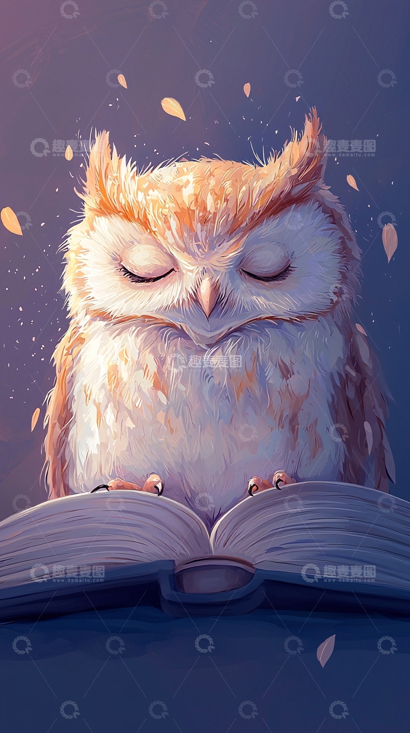 高清大图下载【趣麦麦图】闭眼看书的可爱小猫头鹰