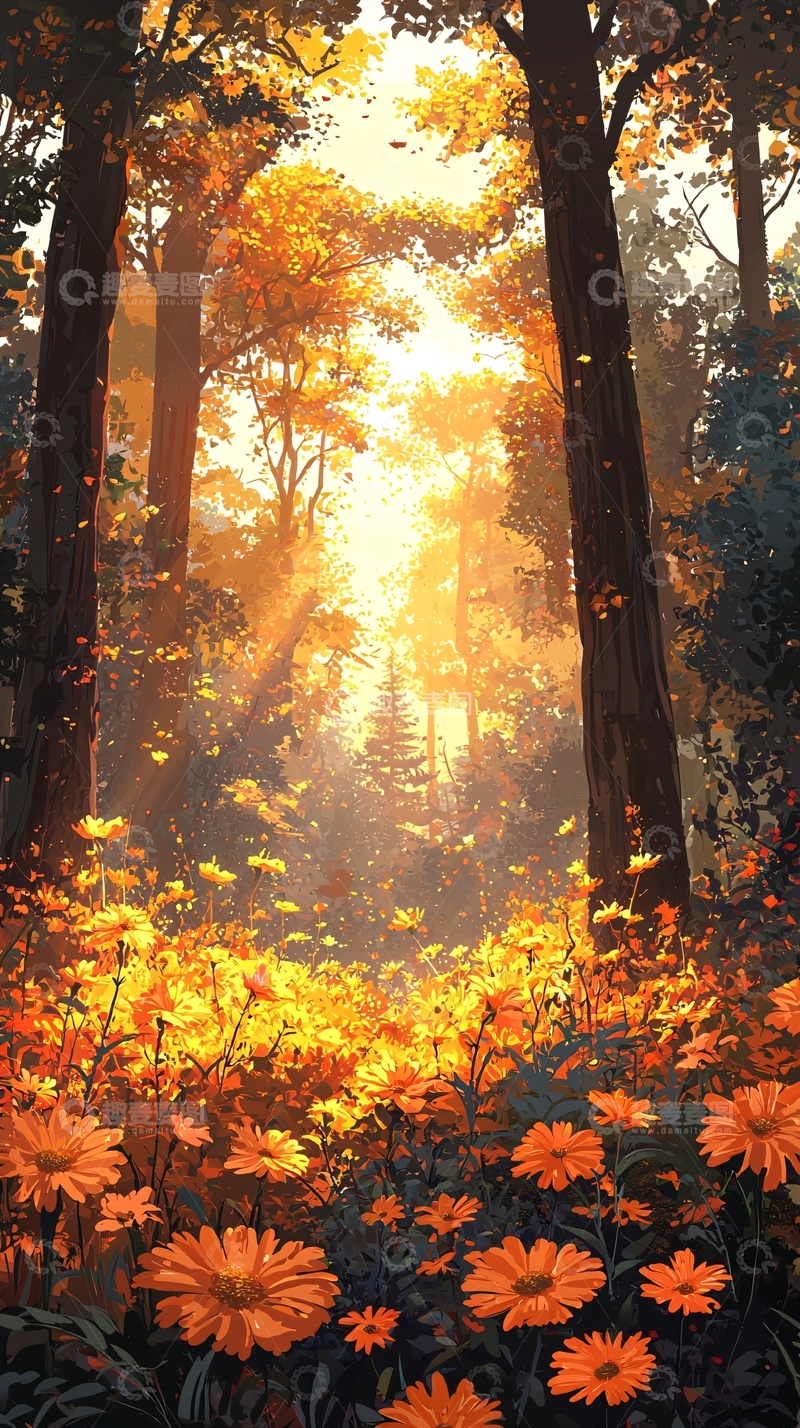 高清大图下载【趣麦麦图】秋日森林阳光花海