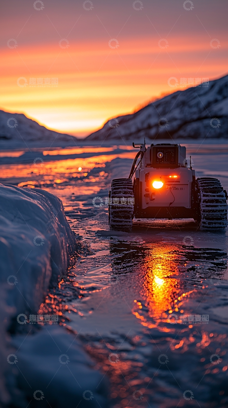 高清大图下载【趣麦麦图】冰面上的越野车日落