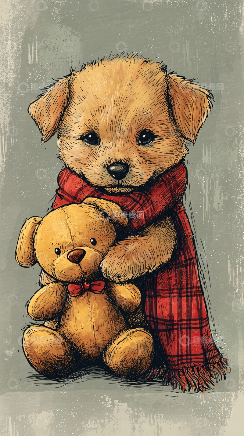 高清大图下载【趣麦麦图】抱着泰迪熊的小狗