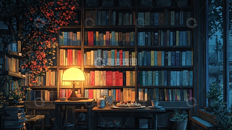 高清大图下载【趣麦麦图】夜晚书房