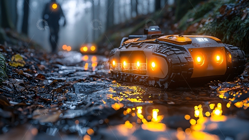 高清大图下载【趣麦麦图】森林小路上的履带机器人