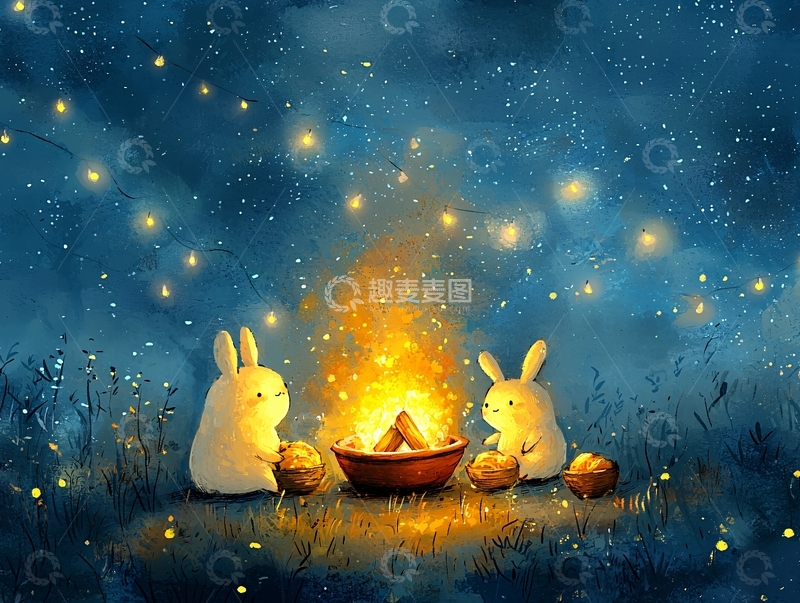 高清大图下载【趣麦麦图】温馨的兔子围着篝火赏月