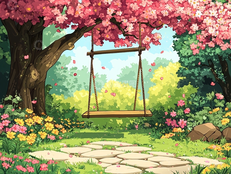 高清大图下载【趣麦麦图】春日花园秋千