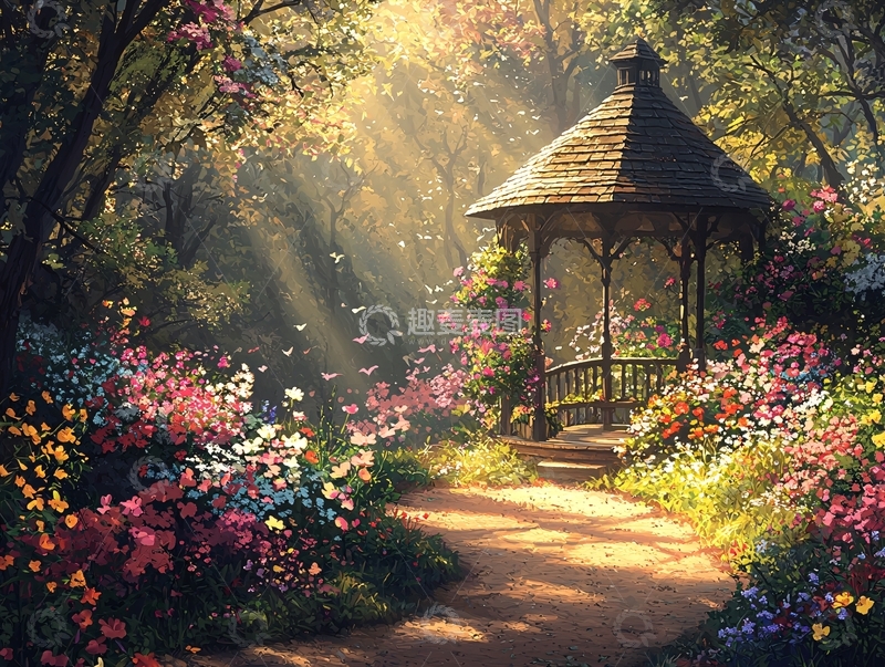 高清大图下载【趣麦麦图】阳光下的花园凉亭