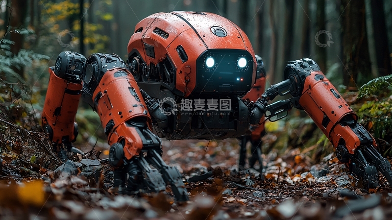 高清大图下载【趣麦麦图】森林里橙色四足机器人