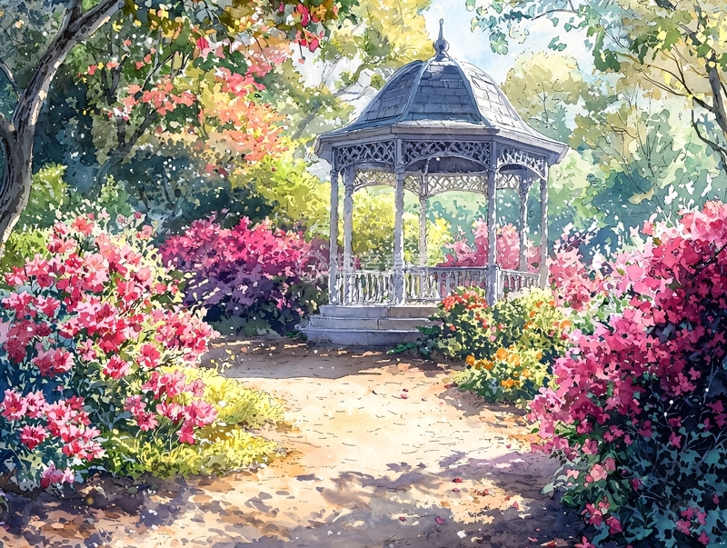 高清大图下载【趣麦麦图】花园凉亭花团簇拥的场景