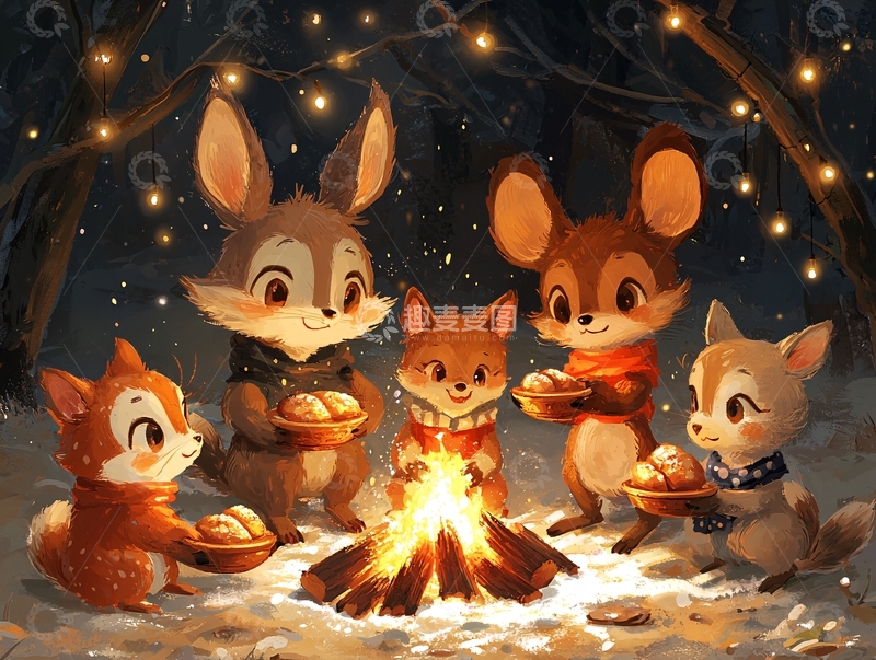高清大图下载【趣麦麦图】森林动物围炉夜话