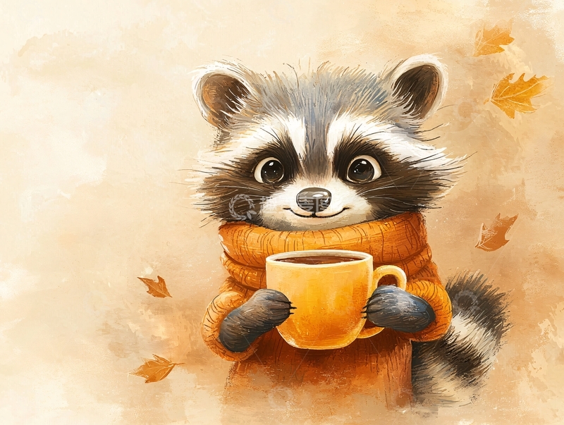 高清大图下载【趣麦麦图】卡通浣熊喝咖啡