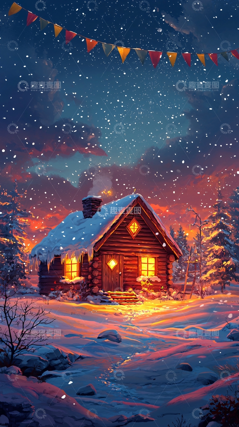 高清大图下载【趣麦麦图】雪夜中的温暖小屋