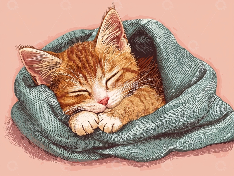 高清大图下载【趣麦麦图】小猫咪盖着毯子睡觉