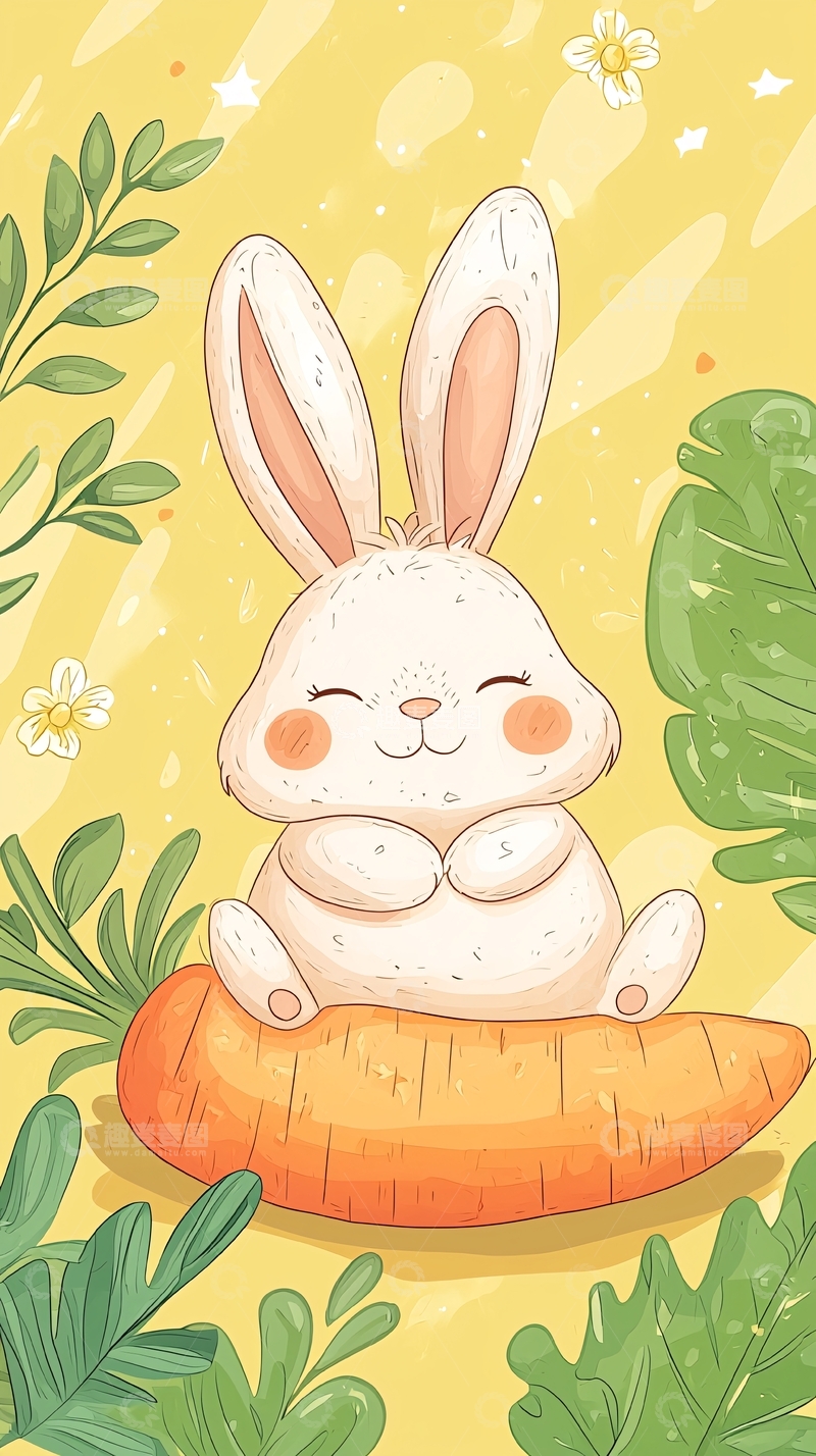 高清大图下载【趣麦麦图】卡通兔子坐在胡萝卜上