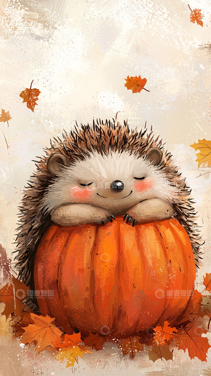 高清大图下载【趣麦麦图】秋日南瓜上的可爱刺猬