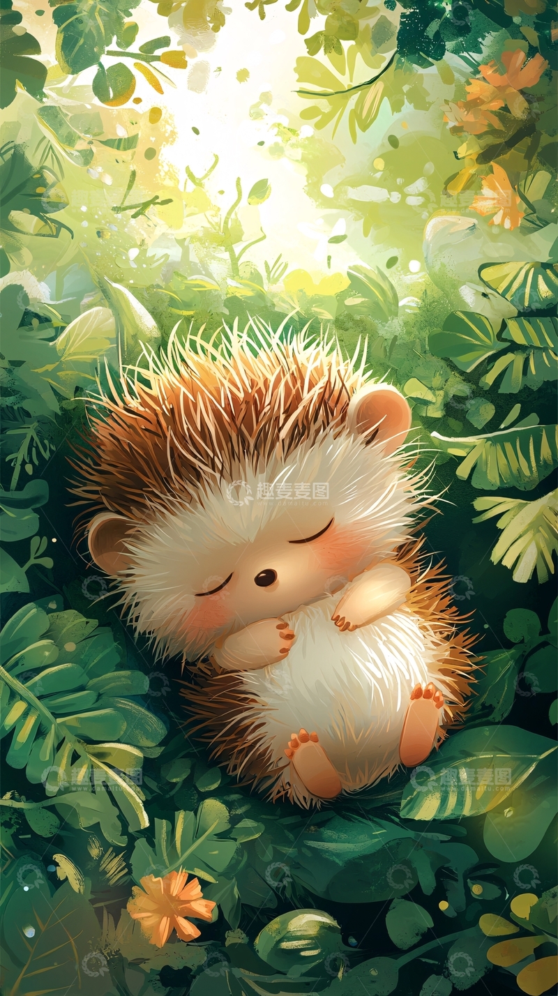 高清大图下载【趣麦麦图】森林里熟睡的可爱刺猬