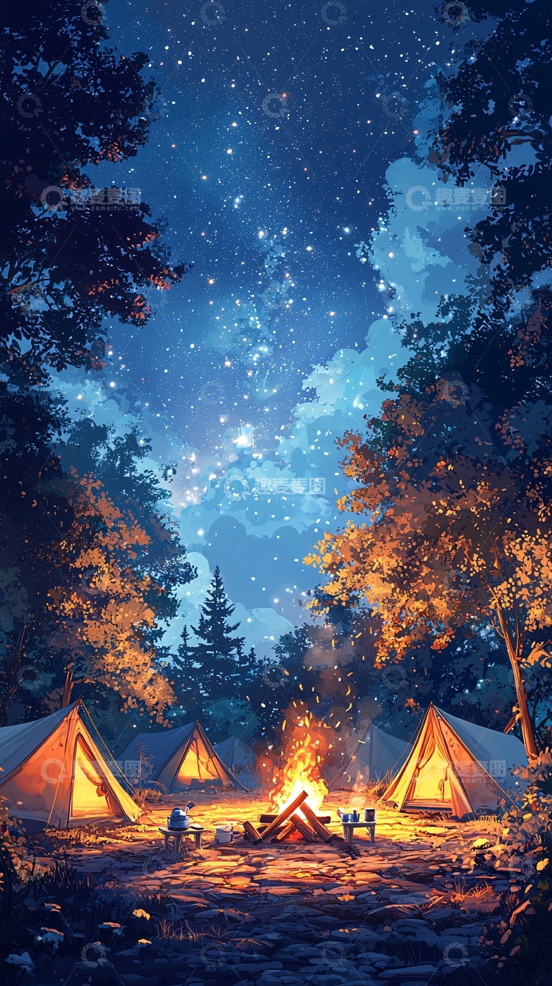 高清大图下载【趣麦麦图】星空下篝火旁的露营地
