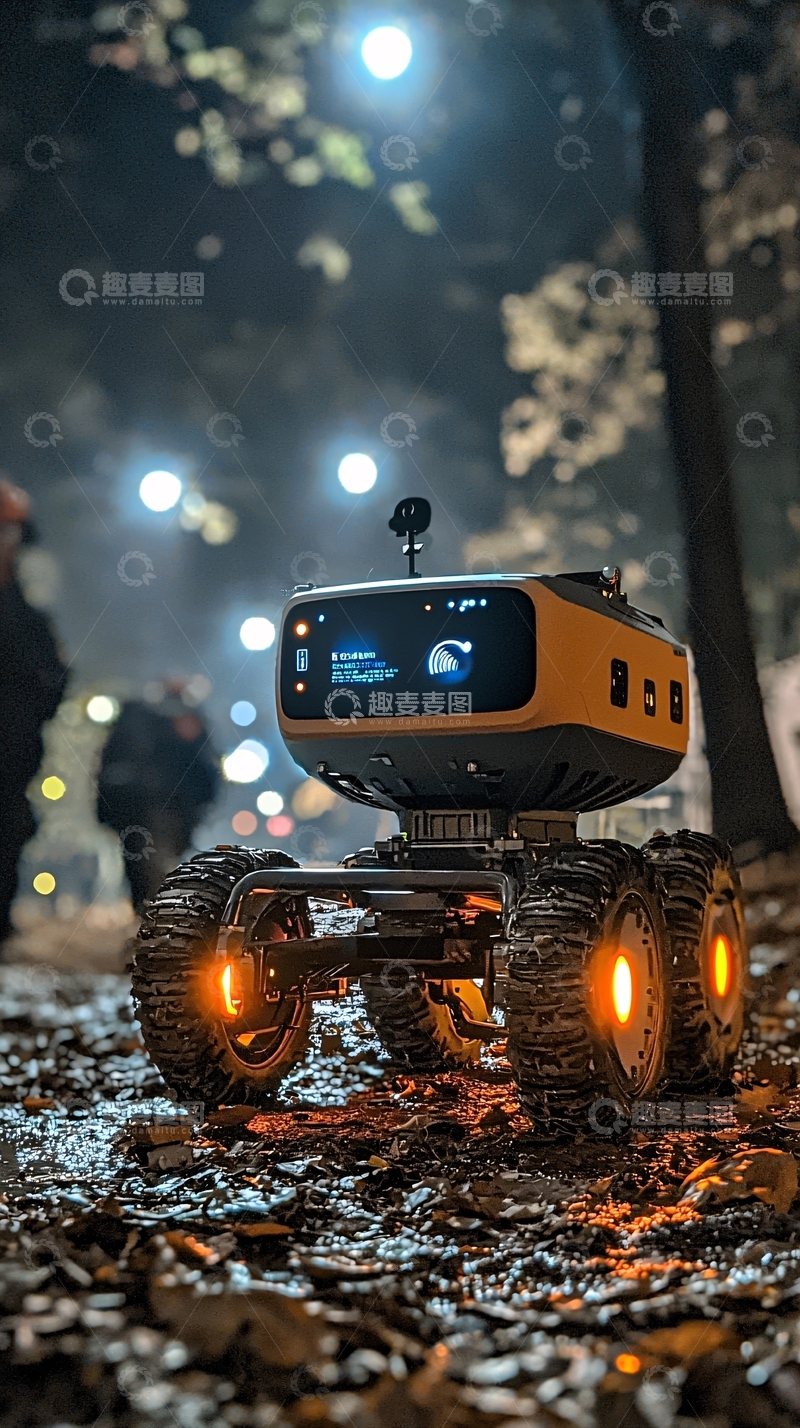高清大图下载【趣麦麦图】夜间户外黄色小型机器人