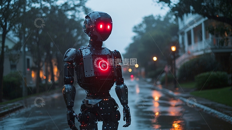 高清大图下载【趣麦麦图】雨夜街道上的黑色机器人