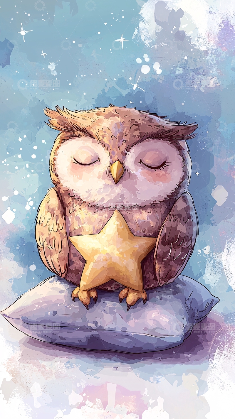 高清大图下载【趣麦麦图】闭眼睡觉的卡通猫头鹰
