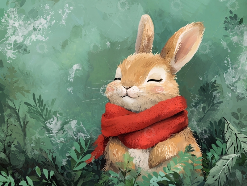 高清大图下载【趣麦麦图】绿色背景下戴红围巾的可爱兔子