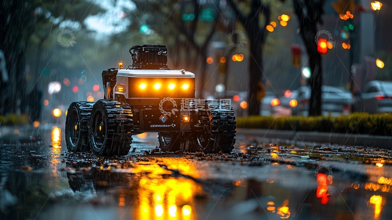 高清大图下载【趣麦麦图】雨夜街道上的小型自动驾驶机器人