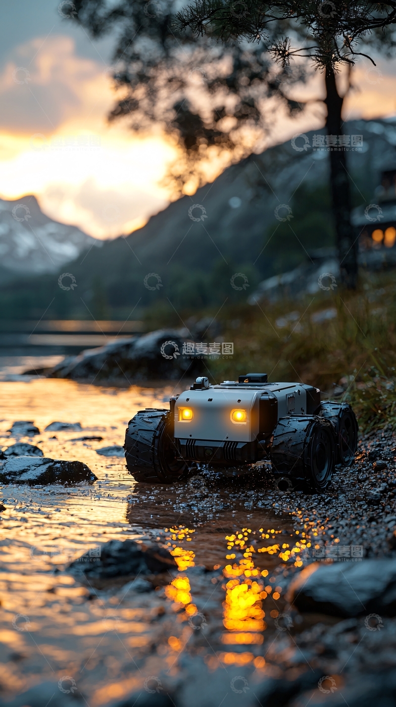 高清大图下载【趣麦麦图】傍晚湖边小型越野机器人