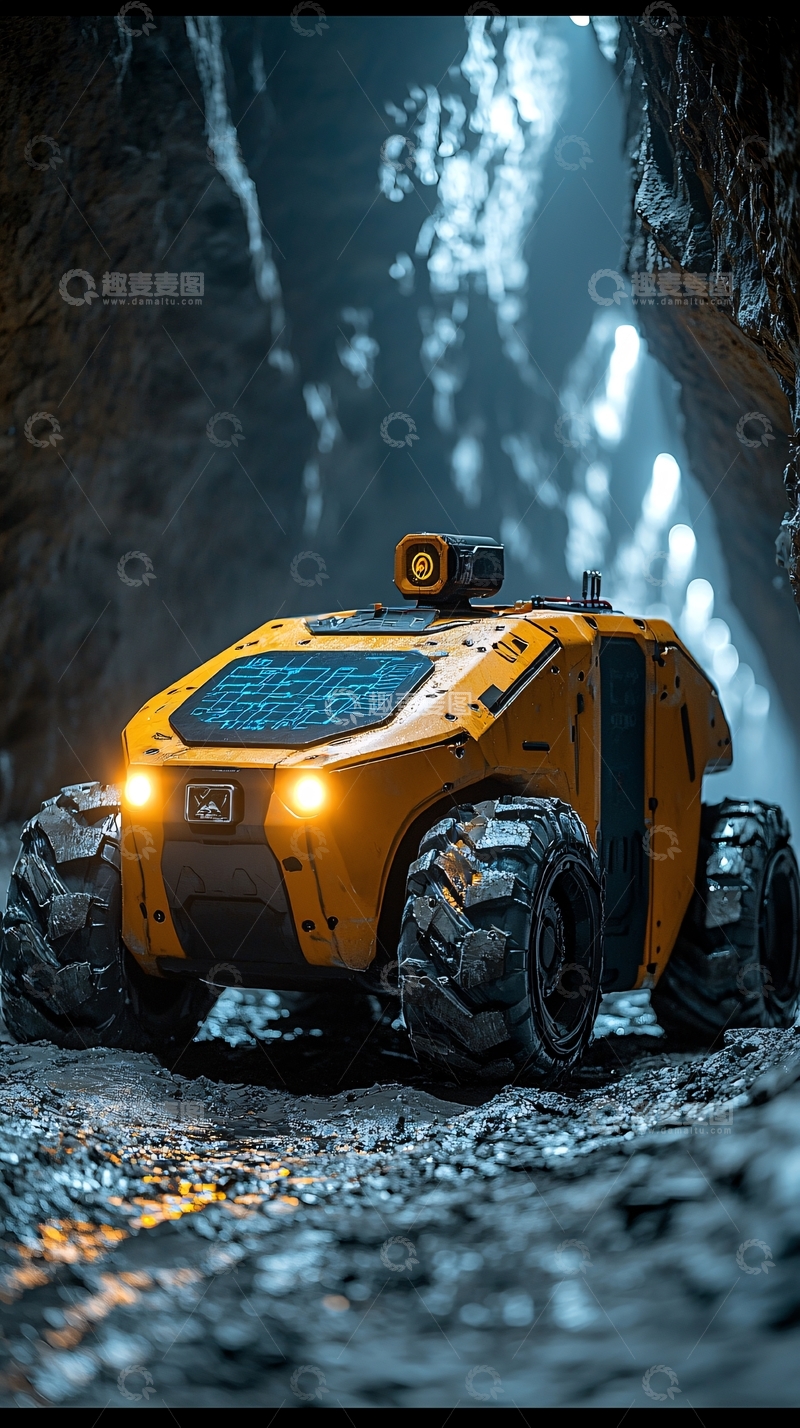 高清大图下载【趣麦麦图】山洞探险黄色未来越野车